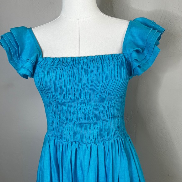 Mille Resort Mini Dress Smocked Turquoise Blue Linen Dress Ruffle Sleeves Size S - Picture 2 of 14